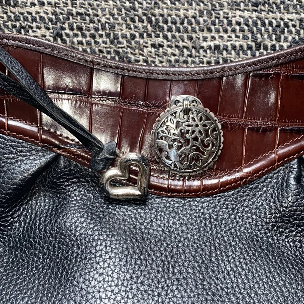 BEAUTIFUL BRIGHTON classic Bag Black Leather Brown Croc Peyton Style Vintage - Picture 7 of 8